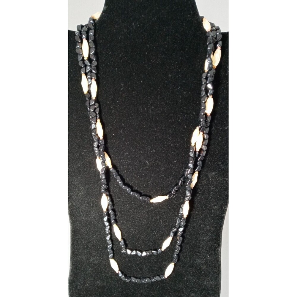 Vintage Extra Long 33" Necklace Black Faceted Beads w/ Faux Pearl Bead Accents